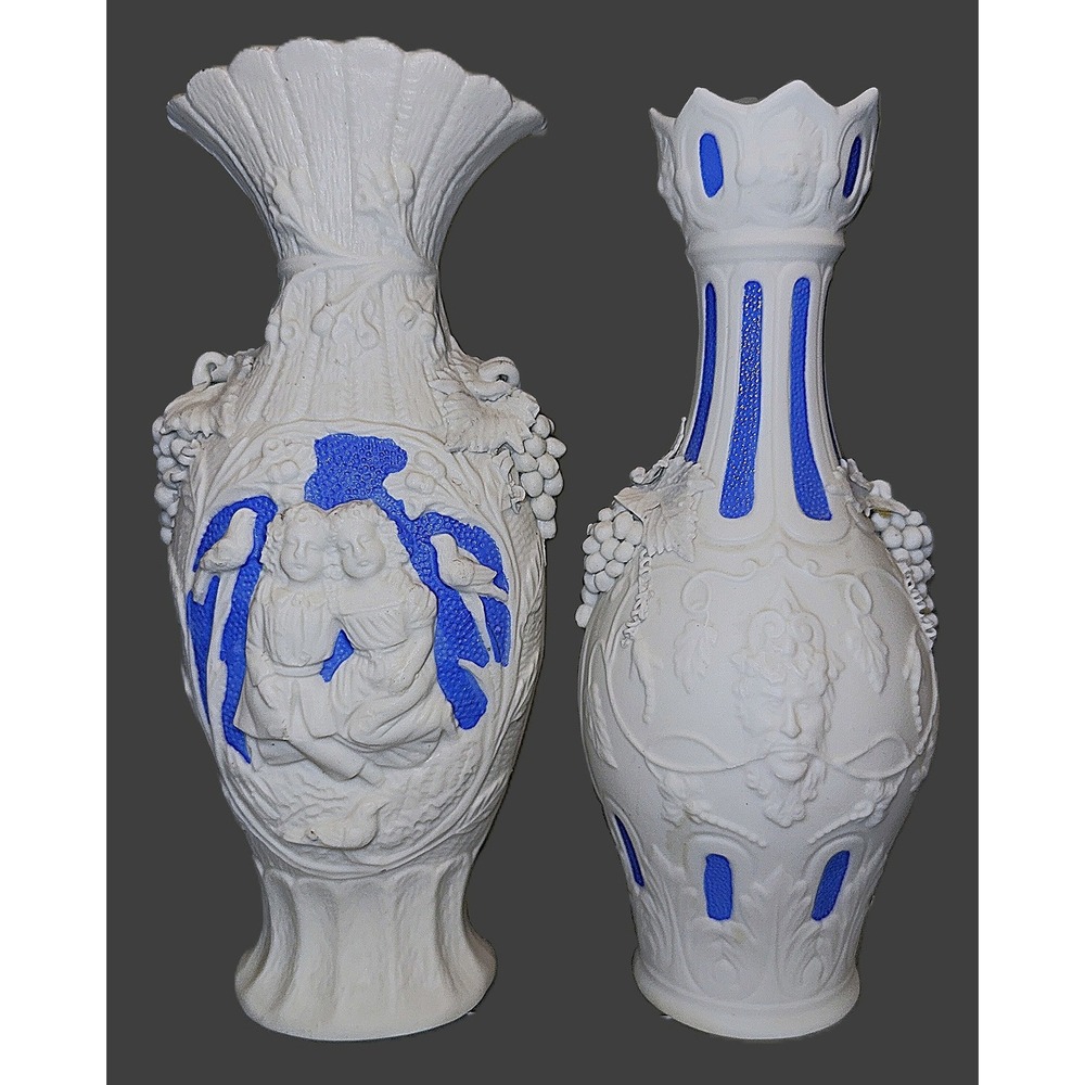 Antique c1850 Victorian Parian Ware Bisque Vases Twin girl‎ Bacchus Grapes Vines